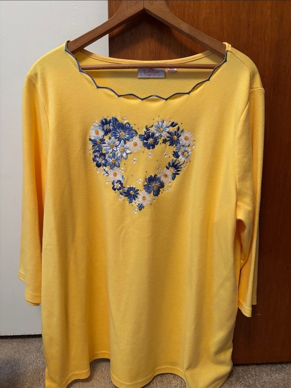 Quacker Factory Yellow Denim Heart 3/4 Sleeved Top Size XL